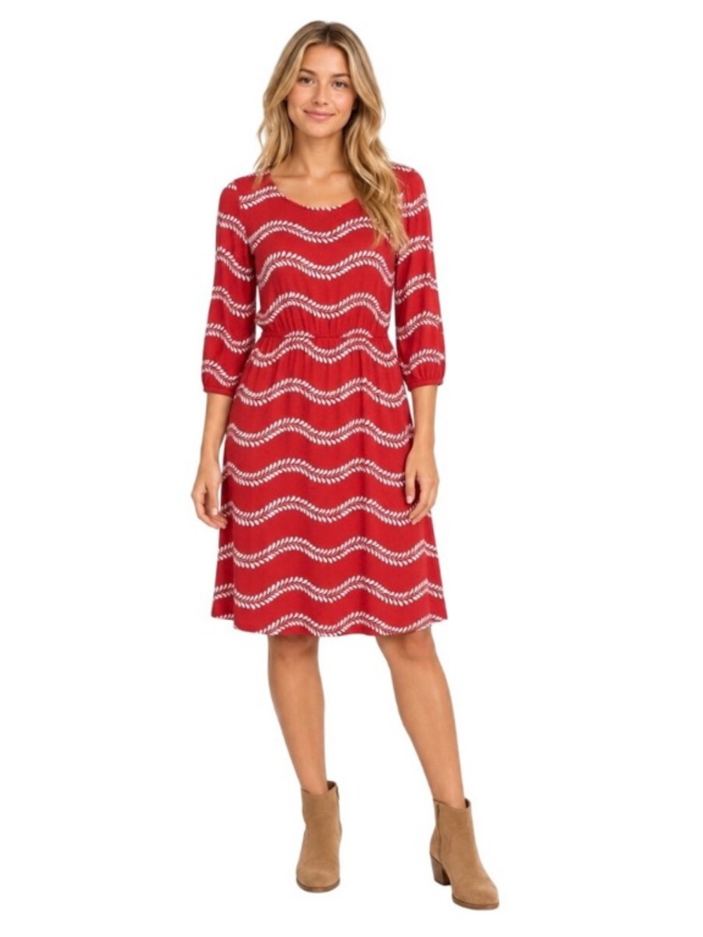 Boden Red Wave-Print Midi Dress